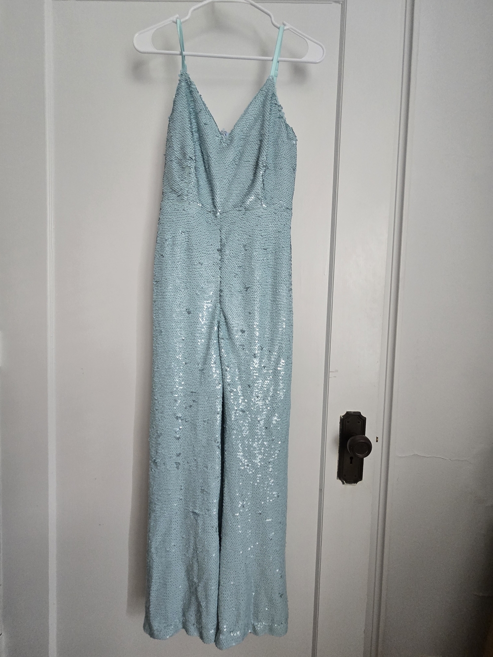 Light Aqua Sequin Spaghetti Strap Jumpsuit